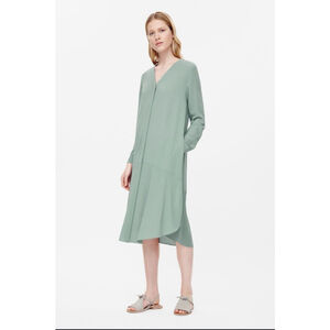 COS Green Dropwaist Shirt Midi Dress Button Front Long Sleeve EU 44 US 10/12